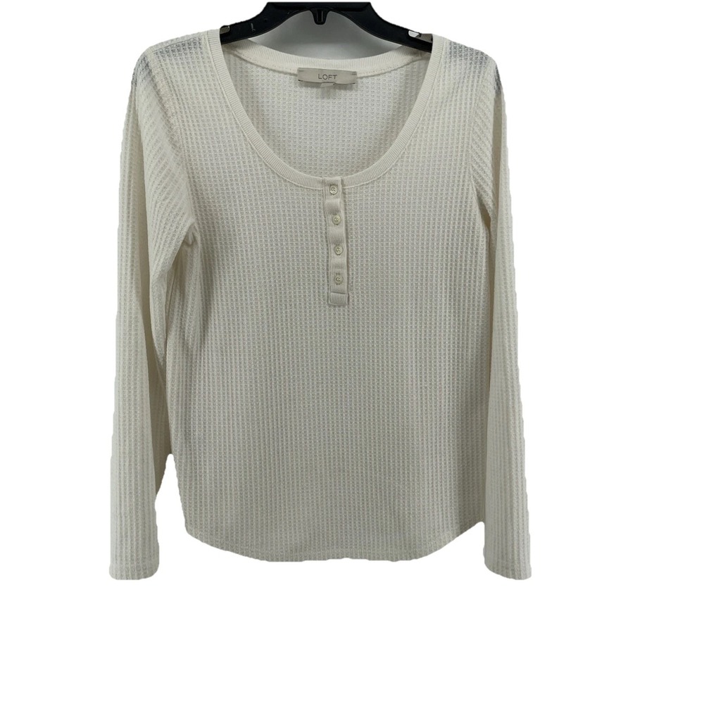Loft Waffle Knit Henley Top Women's Medium Ivory Western‎ Capsule  Closet Staple